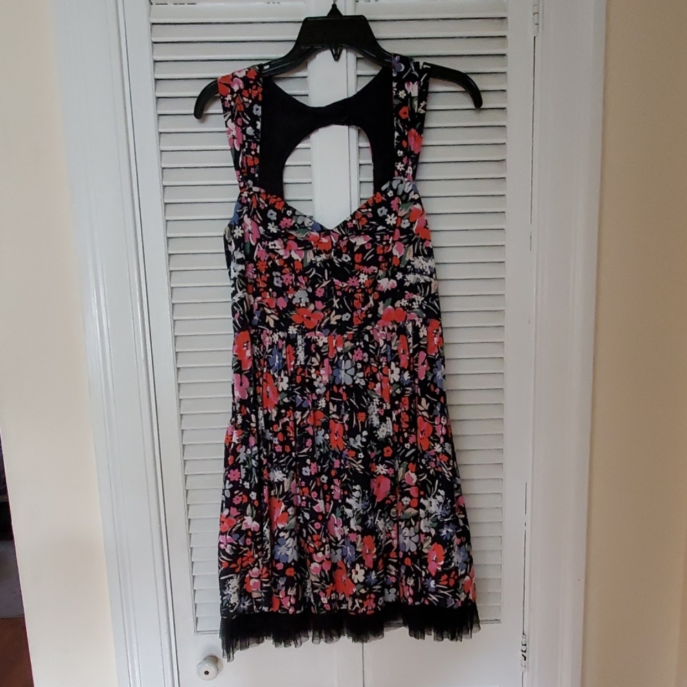 Free People Black Floral Fit-and-Flare Dress with Pink & Red Accents